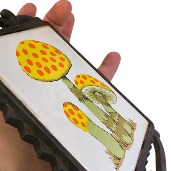 Vintage 70s White Tile Black Cast Iron Yellow Orange Mushrooms Wall Art Trivet - Picture 9 of 16